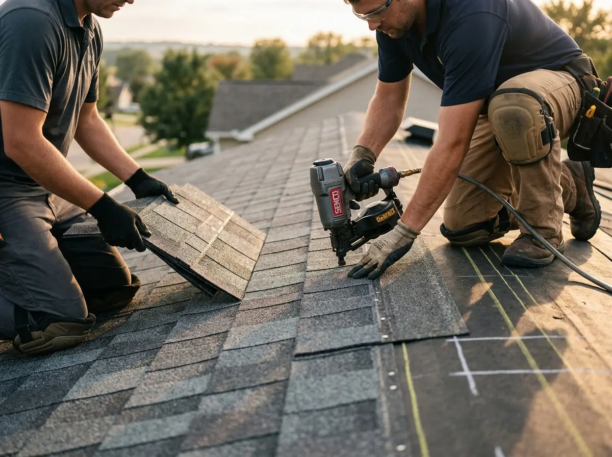 Professional roofer working on a residential roof in Stanton